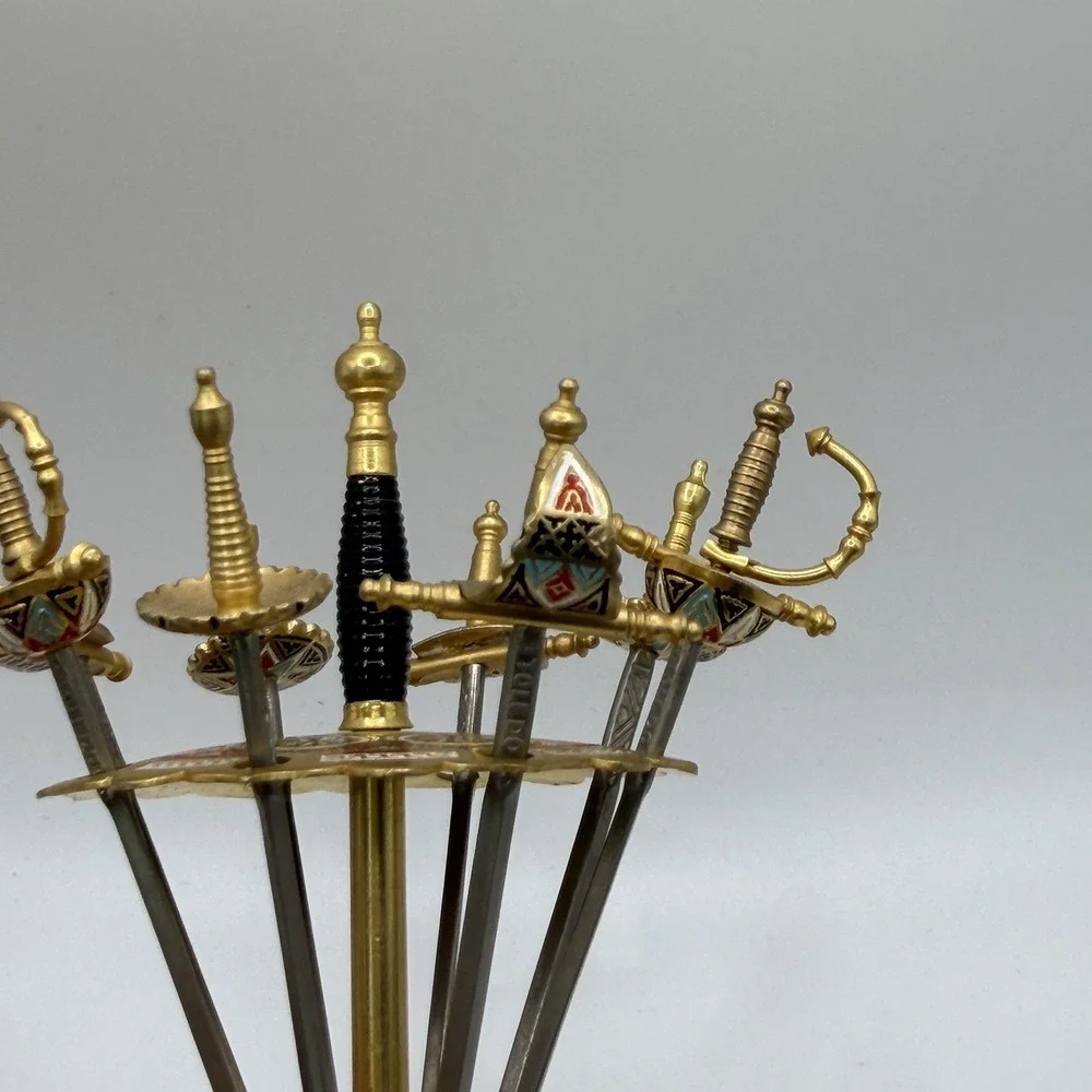Vintage Toledo Sword Cocktail Toothpick Stand w/ 8 Swords Vintage Gold Spain